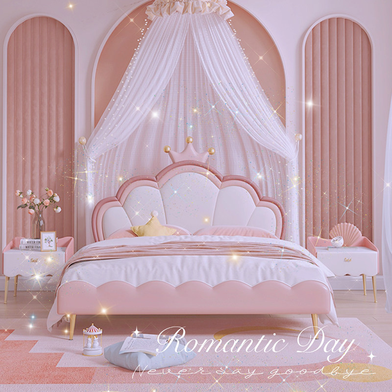 Love Belle Princess Bed Children Girl Bed Pink Light Lavish Petal Leather Bed Minima Modern Genuine Leather Single Soft Bag Bed