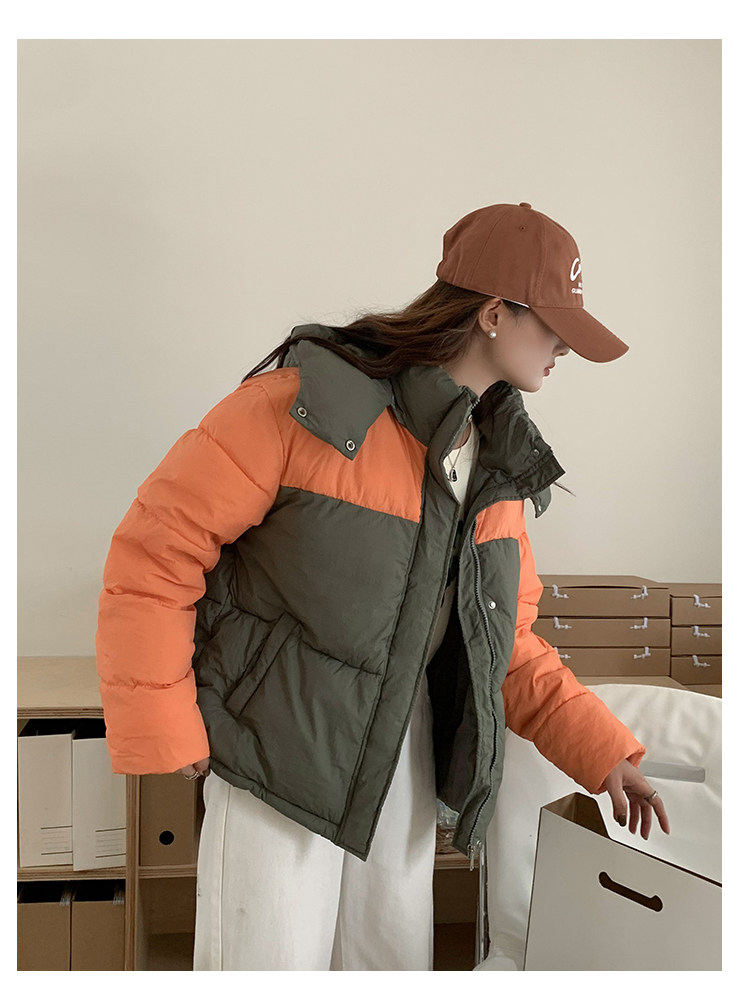 撞色羽绒棉服女2023新款冬季韩系宽松小个子短款连帽棉衣面包服厚详情18