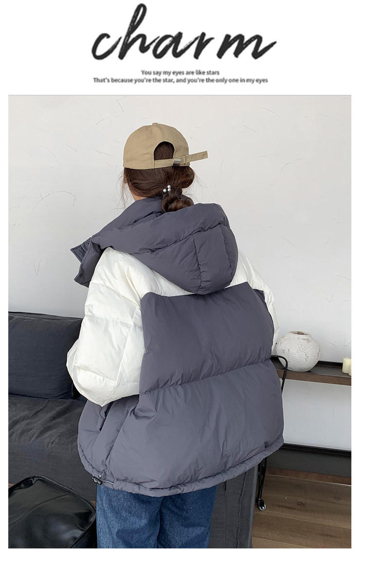 撞色羽绒棉服女2023新款冬季韩系宽松小个子短款连帽棉衣面包服厚详情14