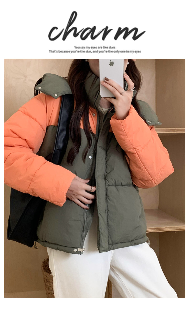 撞色羽绒棉服女2023新款冬季韩系宽松小个子短款连帽棉衣面包服厚详情20
