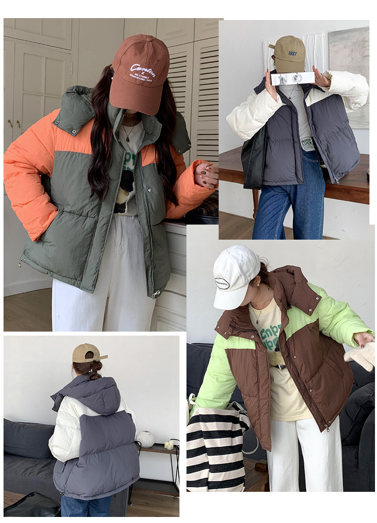 撞色羽绒棉服女2023新款冬季韩系宽松小个子短款连帽棉衣面包服厚详情4