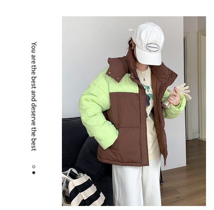 撞色羽绒棉服女2023新款冬季韩系宽松小个子短款连帽棉衣面包服厚详情22