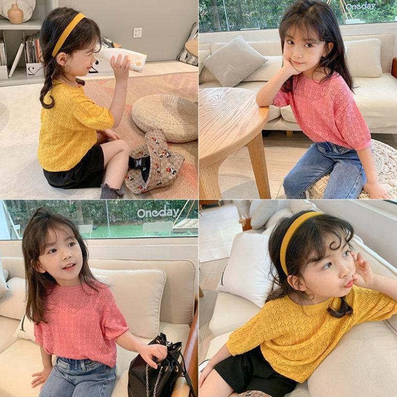 Girl hollow short sleeve T-shirt thin summer wearing baby gas ice wire knitting sweet wearing knitted shirt