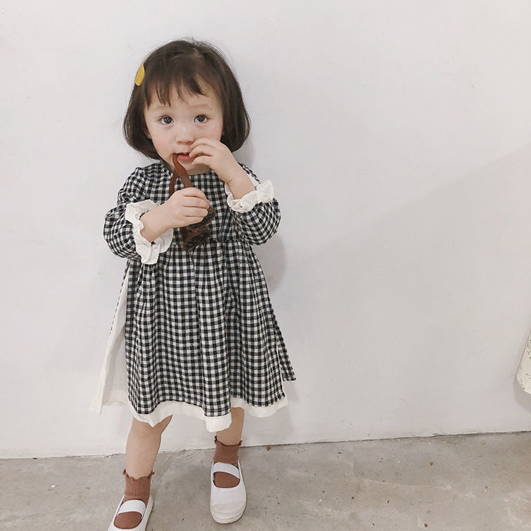 Spring and autumn new long-sleeved trendy Fanyang style children's plaid Korean version dress girls baby European and American princess dress
