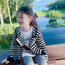 Girl foreign air needling cardio-hoodie 2023 spring dress new children streaks with cap jacket baby long sleeves sweaters