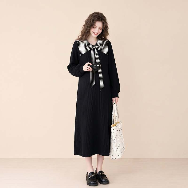 Maternity Wear 2026 Autumn and Winter Loose Bow Dress Lazy Style Black Women's Autumn and Winter Long-Sleeved Navy Collar Maternity Wear 2026 Autumn and Winter Loose Bow Dress Lazy Style Black Women's Autumn and Winter Long-Sleeved Navy Collar