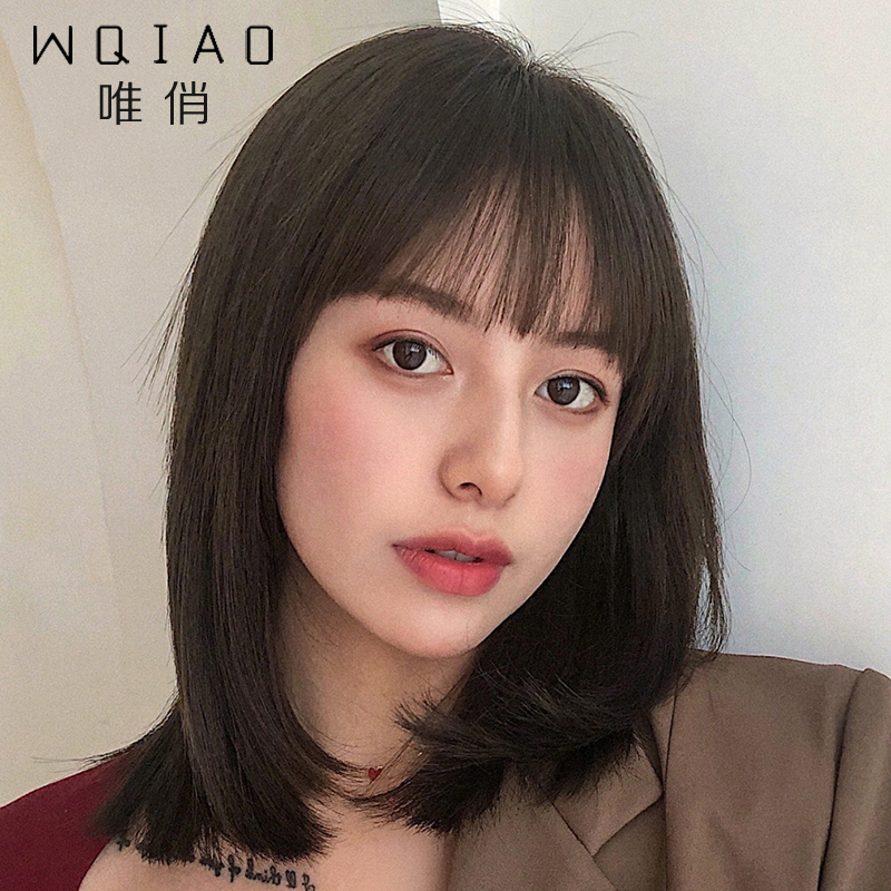 Wig female short hair real hair medium long hair round face net red fashion real hair inner buckle clavicle hair wig set