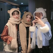 All-match cute bear ears warm double layer thickening autumn and winter womens hat scarf gloves three-piece set one for women