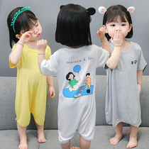 Childrens one-piece summer thin nightdress babys home service mens and womens baby cotton air-conditioning clothing one-piece pajamas