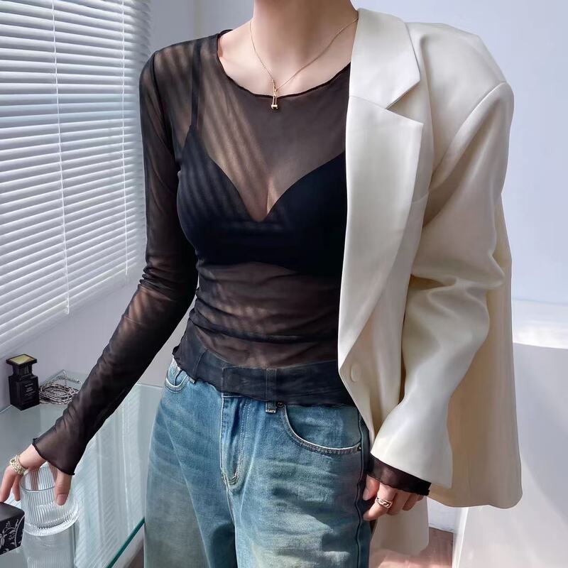 Mesh Black Base Shirt for Women 2026 New Ultra-Thin See-Through Top High-End Lace Inner Layer Blouse Long-Sleeve T-Shirt Mesh Black Base Shirt for Women 2026 New Ultra-Thin See-Through Top High-End Lace Inner Layer Blouse Long-Sleeve T-Shirt