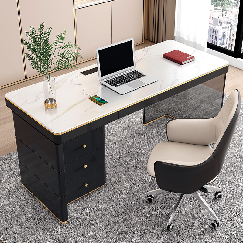 Light Extravagant Rock Board Desk Home Book Room Office Table And Chairs Combination Brief Modern Tempered Glass With Drawer Computer Desk