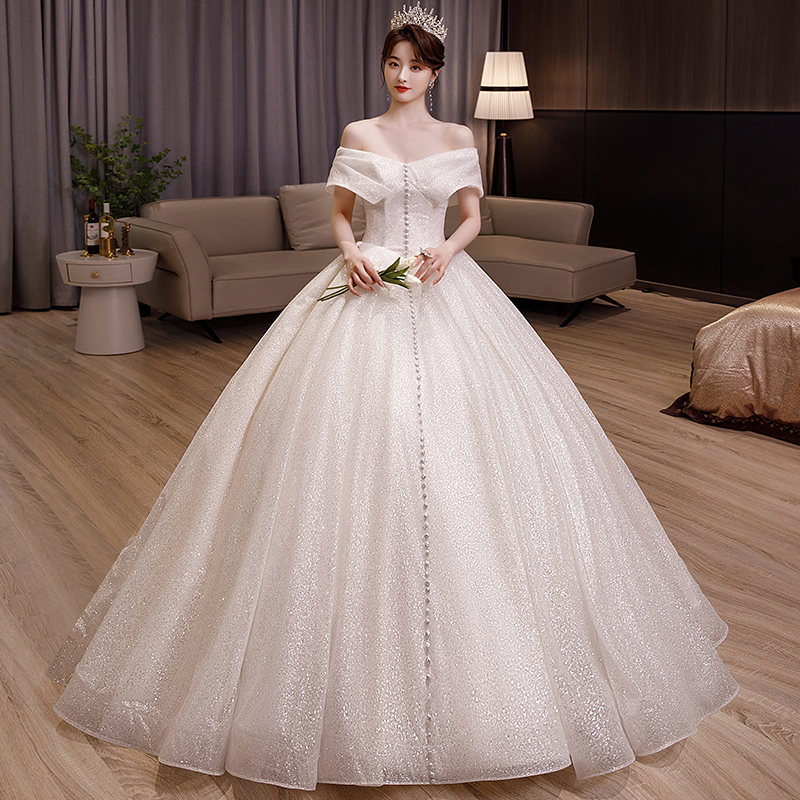 One-shoulder main wedding dress autumn French super fairy palace style bride temperament high-end texture big trailing light luxury and thin