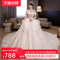 High-end lavish big trailing main wedding dress 2021 new straight shoulder Heavy Industries High waist Large-size bridal Bride Greeting winter