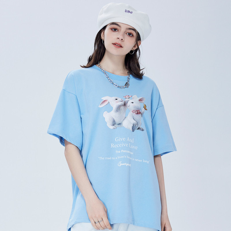 SPEAR YOUTH original frolic rabbit print short sleeve male sweet beauty loose couple casual T-shirt summer