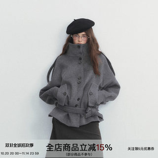 SPEAR YOUTH“松间步月”50%羊毛绑带收腰大衣加厚立领外套上衣冬