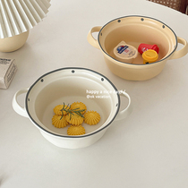 ins wind frosted polo dot double ear bowl ceramic large soup bowl foam noodle snail powder bowl home Dormitory One Food Cutlery