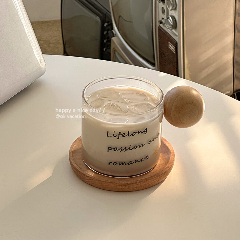 Fa-style retro cute round wood handle coffee cup heat resistant glass milk cup ins with iron cup breakfast cereal cup 