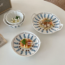 Day style wind retro swaying small flower ink spot coarse pottery plate double ear dish fruit tray Home vegetable dish thread bowl rice rice bowl