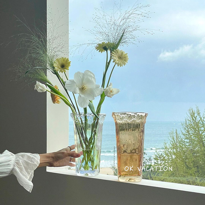 ins Korean style square irregular shape glass large vase decoration hydroponic flower hydroponic dining room famous decoration