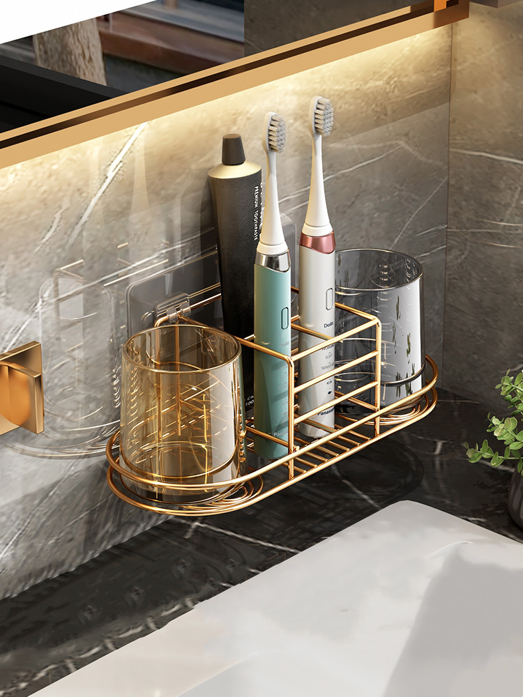 Wall-mounted light luxury toothbrush rack free punch mouthwash cup brushing cup powder room wall-mounted storage tooth cylinder set