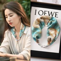 Magnetic Button Silk Scarf Womens Magnetic Pearl Necklace Long Strip 2023 New Style Gift for Mom High-end Matching Shirt