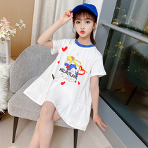 Girls short-sleeved T-shirt dress 2021 new childrens middle-aged childrens summer mid-length Western-style long t girls summer dress