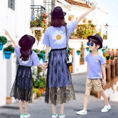 Parent-child summer dress 2021 new trendy family of three lace dress suit mother and daughter dress mother and child foreign style net red