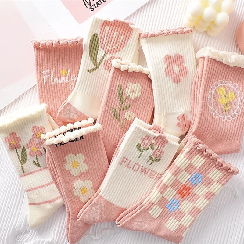 Pink Lace Cute and Sweet ins Style Mid-Calf Socks Korean Trendy Internet Celebrity Outerwear Mid-Calf Super Popular Socks for Women