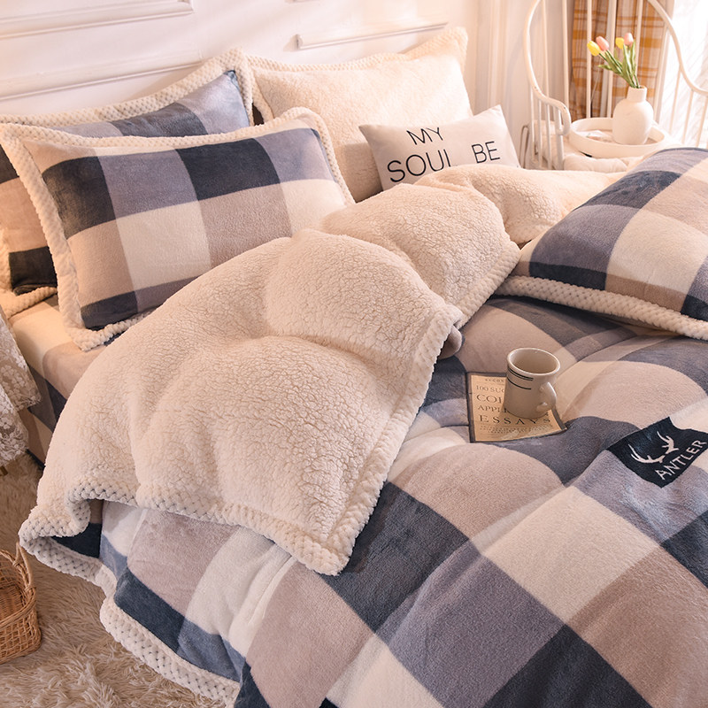 Lamb double-sided velvet thickened plaid quilt cover winter coral velvet four-piece knight sheets milk velvet without static