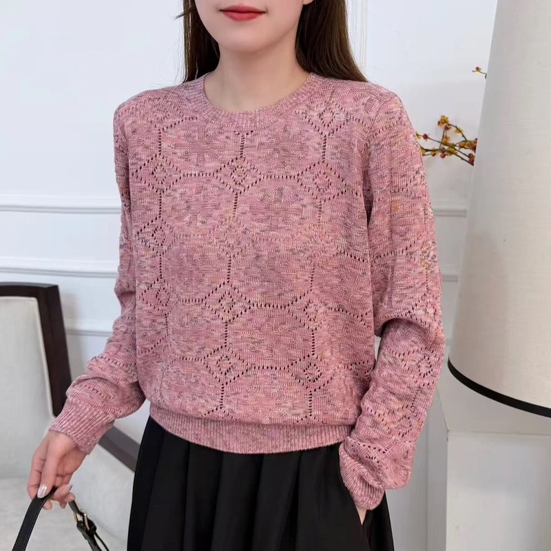Original Authentic Lazy Style Hollow-Out Knit Sweater Long-Sleeve Round-Neck Pink Loose Versatile Pullover Sweater Top for Women
