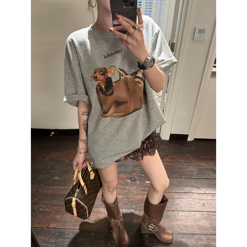 Ana Phora Korean Style Puppy Print Half-Sleeve Loose Short-Sleeve T-Shirt Summer New Lazy Style Gray Top Ana Phora Korean Style Puppy Print Half-Sleeve Loose Short-Sleeve T-Shirt Summer New Lazy Style Gray Top