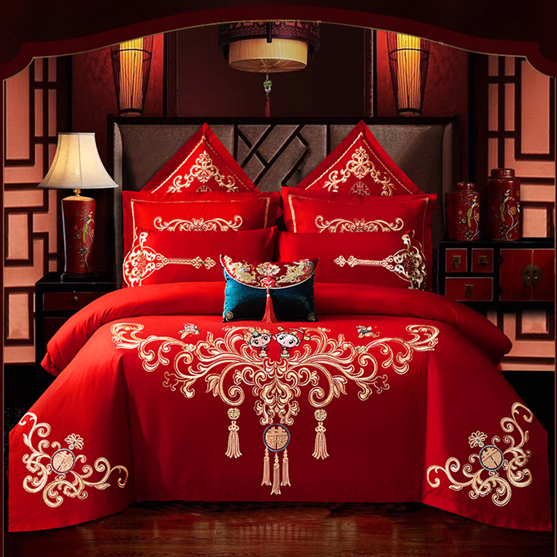 New wedding four-piece group big red embroidery six-piece wedding room wedding festive quilt cover dragon and phoenix bedding