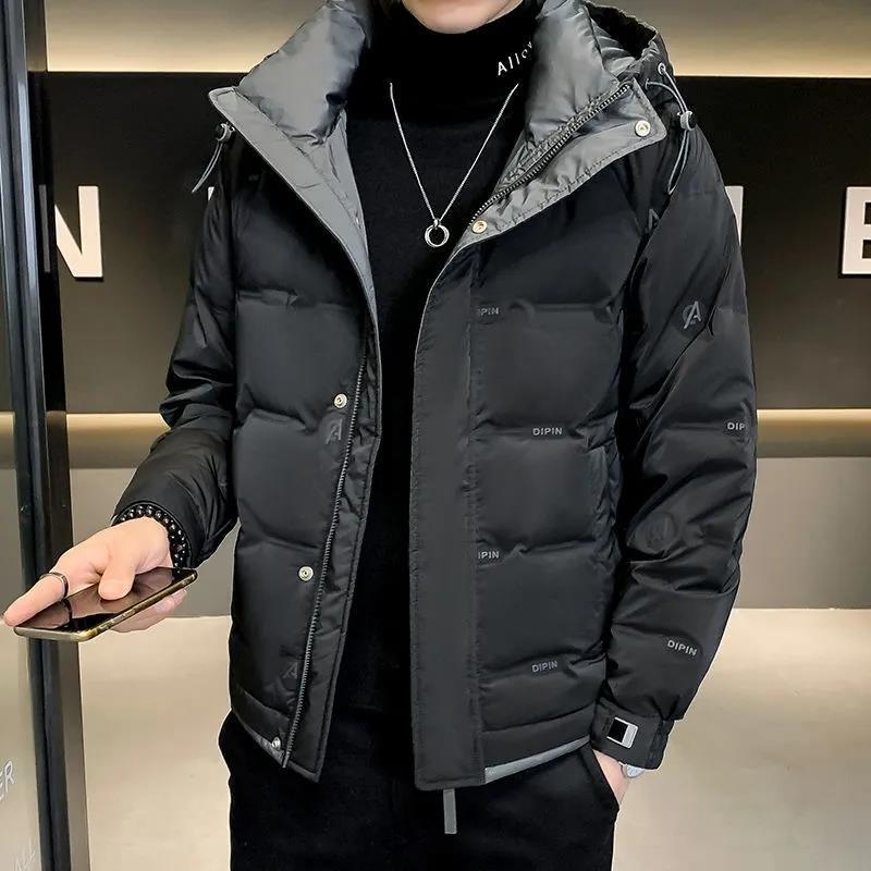 Romon High-End Spring and Autumn down Jacket for Men, Trendy Versatile Hooded Thickened White Duck down Warm Washable Slim-Fit Coat