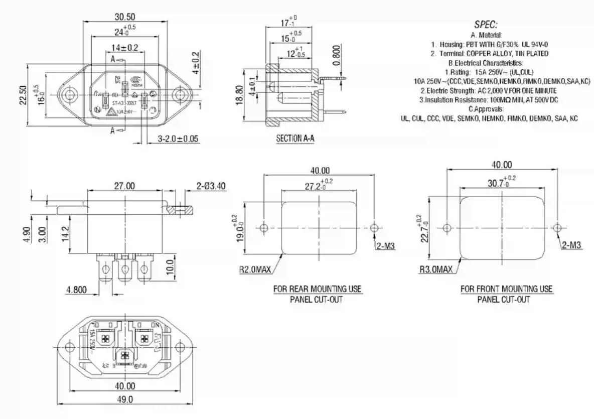 BEJ貝爾佳 ST-A01-002LT品字電源插座AC公座2腳二芯插孔15A250V-淘寶Taobao | 天貓Tmall