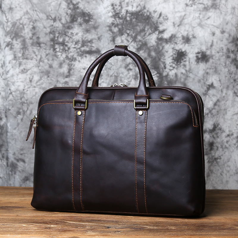 Retro first layer cowhide large-capacity handbag men's business leather briefcase handmade cross-body computer bag