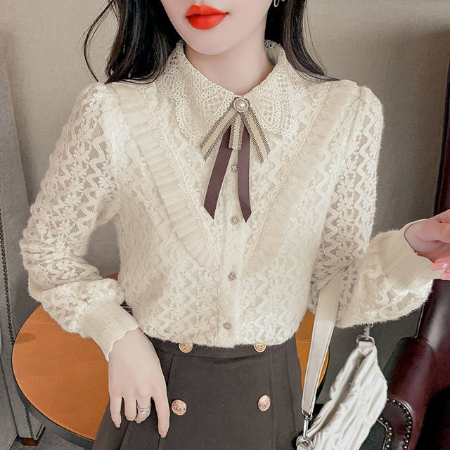 Lace bottoming shirt for women 2024 spring new fashion doll collar long-sleeved shirt loose fashionable temperament women's top