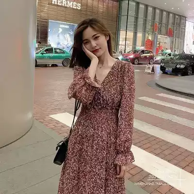Floral dress women chiffon medium long version retro temperament slim print fairy dress small man 2021 New