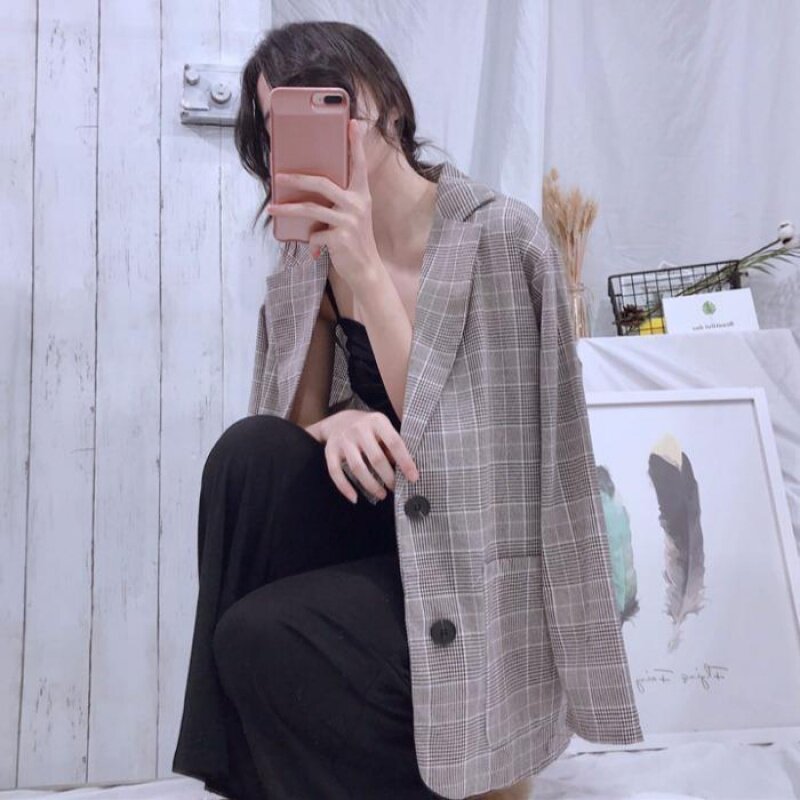 Hong Kong retro Chic small suit jacket women's 2021 new autumn and summer Korean plaid loose casual suit tide