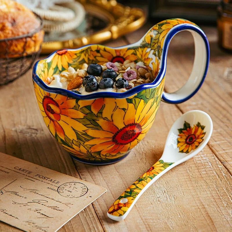 Sunflower Hand-Painted Curved Handle Cup Ceramic Water Cup Home Breakfast Cup Mug Office Couple Cup Coffee Cup