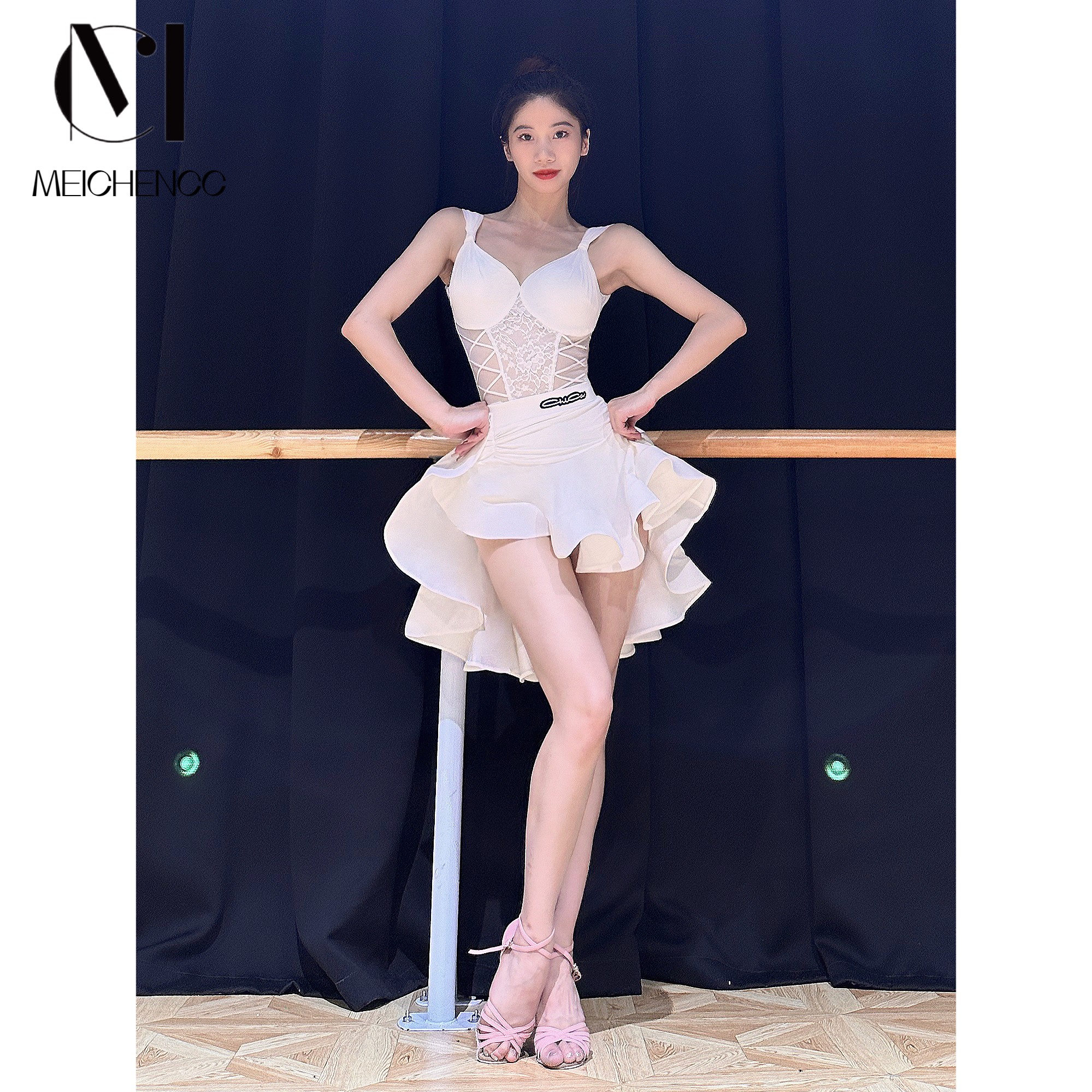 Meichen dance suit white pure desire Latin dance practice Sexy Split Suit Fish Bones Large Pendulum Skirt of Umba Woman Adults-Taobao