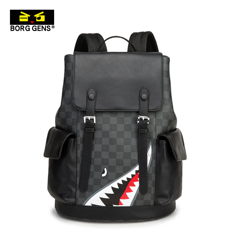 borggens backpack men's backpack casual business computer bag tide brand fashion plaid leather schoolbag large capacity