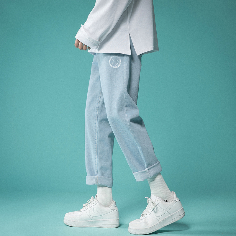 90% Jeans Men Summer Slim 2021 New Light Loose Straight Barrel Casual Pants Teen Pants