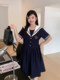 阿车家的大码jk胖mm原创百搭显瘦假两件学院风海军领短袖连衣裙女