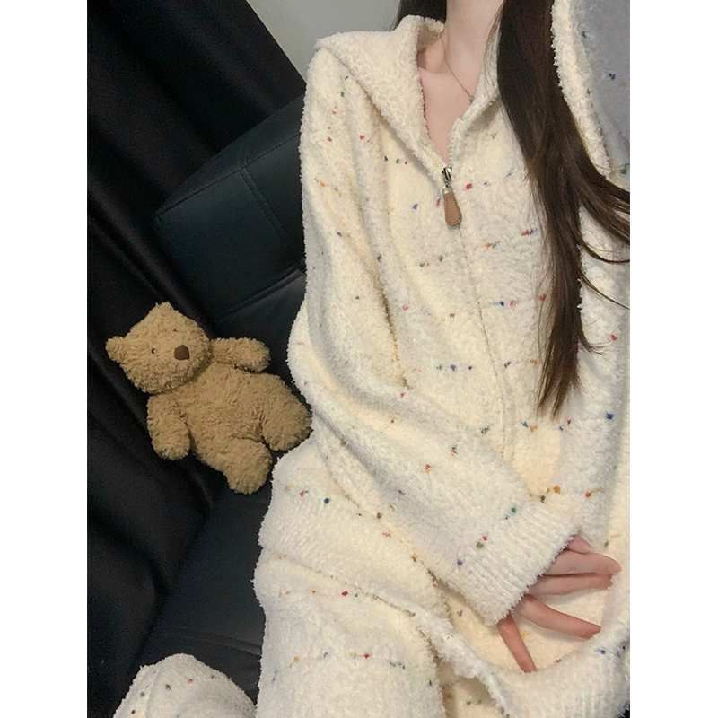 Korean-Style Gentle Girl Colorful Striped Hooded Half-Velvet Pajamas for Women, Autumn and Winter Thickened Soft and Cozy Loungewear Set Korean-Style Gentle Girl Colorful Striped Hooded Half-Velvet Pajamas for Women, Autumn and Winter Thickened Soft and Cozy Loungewear Set