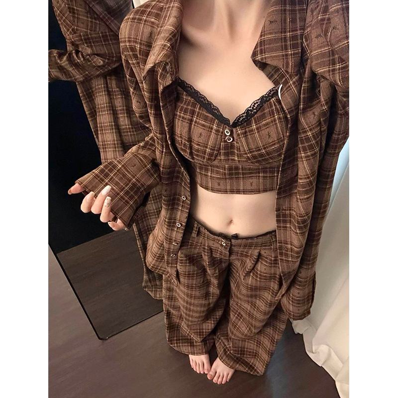 American-Style Hot Girl Retro Plaid Lace Camisole Pajamas for Women, Summer Style, Can Be Worn Outside, Cardigan, Long Pants, Home Wear Three-Piece Set American-Style Hot Girl Retro Plaid Lace Camisole Pajamas for Women, Summer Style, Can Be Worn Outside, Cardigan, Long Pants, Home Wear Three-Piece Set