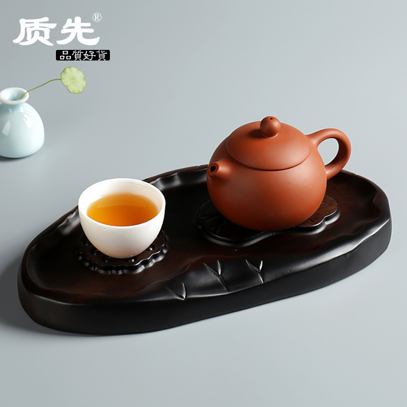 Simple black sandalwood log solid wood whole rectangular circular tea plate household minimal tea plate