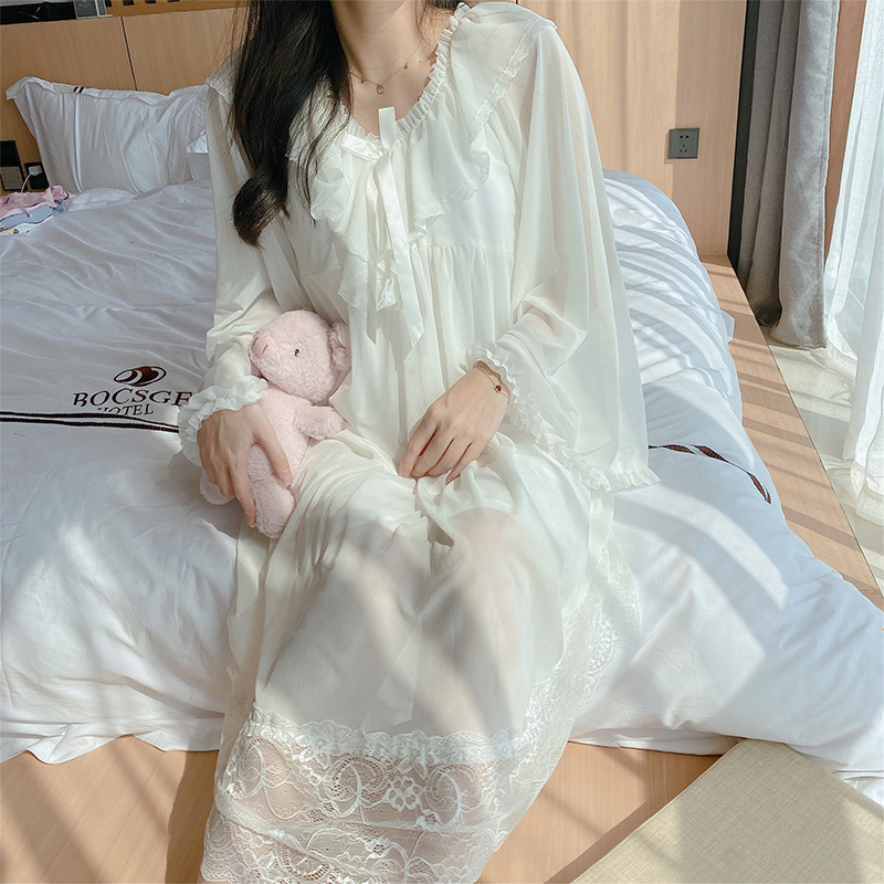 Angelina zl princess style nightdress women summer palace lace cotton chest pad pajamas summer sweet mesh skirt