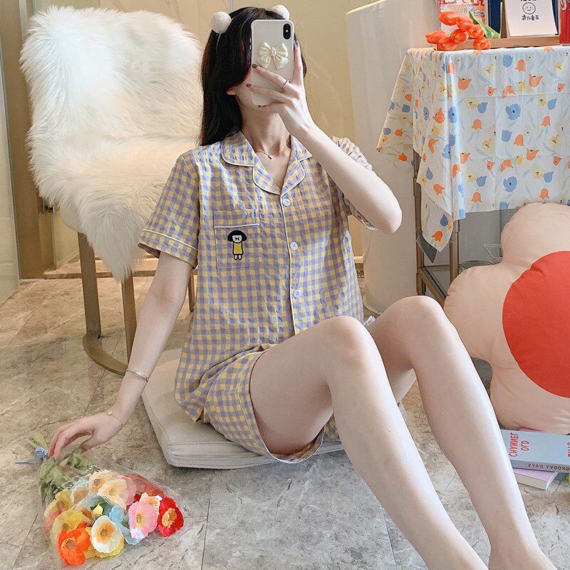 Angelina zl pajamas women's summer thin cotton 2022 new Japanese plaid ins style homewear suit