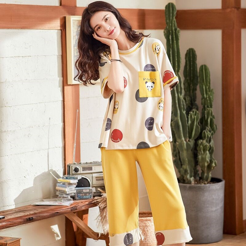 Angelina zl pajamas women's summer cotton short-sleeved cropped pants thin cotton large size home service two-piece set