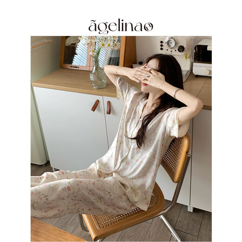 Japanese Gp Floral Cotton Pajamas for Women, Spring and Summer, Big Children's Short-Sleeved Long Pants, Pure Cotton, Can Be Worn Outside, Home Wear Set